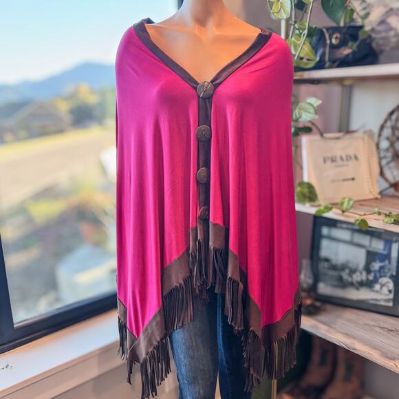 Ver'e'ne Hot Pink/Raspberry Poncho Brown Fringe Trim & Buttons One Size Fits All - Picture 8 of 10